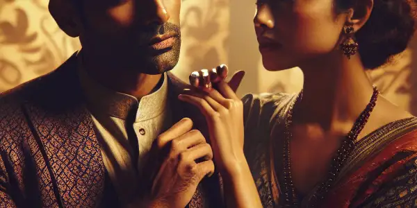 A couple shares a tender moment in a dimly lit, intimate room adorned with romantic elements.