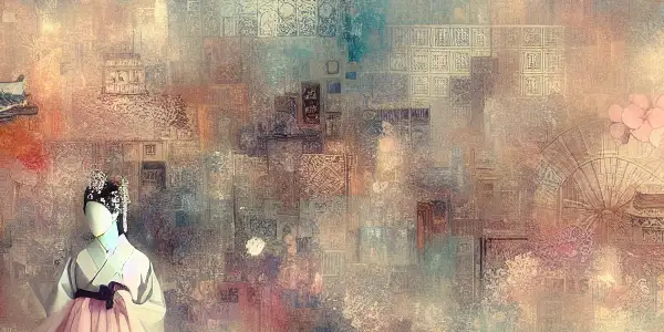 An abstract scene blending Japanese, Korean, and Thai cultural elements, symbolizing Asian adult content with a dreamy atmosphere.
