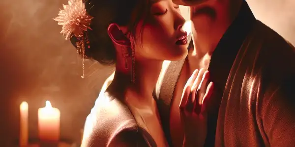 A passionate couple embraces in a warm, intimate setting with soft lighting and romantic decor.