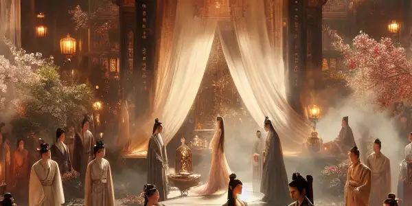 An intimate gathering of elegantly dressed characters in a lush, dimly lit traditional Chinese courtyard.