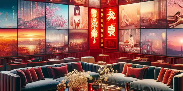 A luxurious, modern room filled with high-tech screens displaying diverse adult content in a sensual atmosphere.