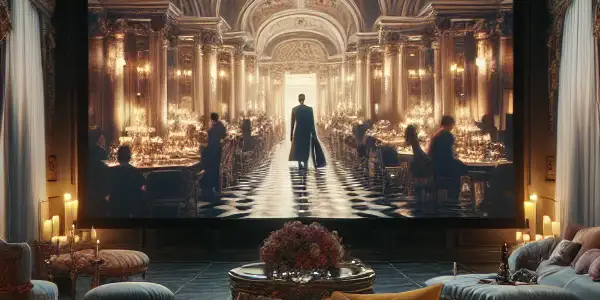 A luxurious, intimate bedroom scene featuring a large bed, soft lighting, and a cinematic display of adult content.