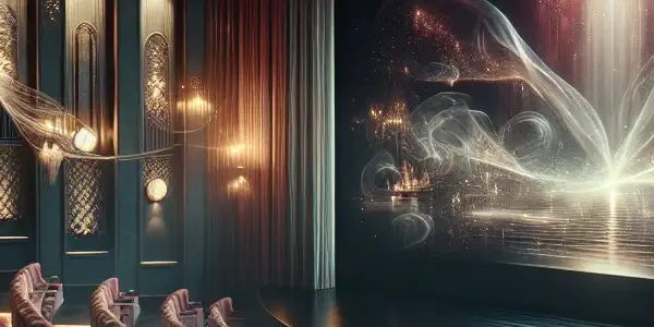 A luxurious cinema room with plush seating and an ethereal screen displaying a sensual moment.