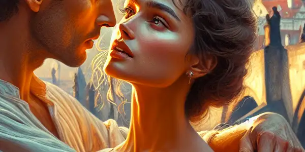 A romantic couple sharing an intimate moment outdoors in Prague, with iconic landmarks in the background.