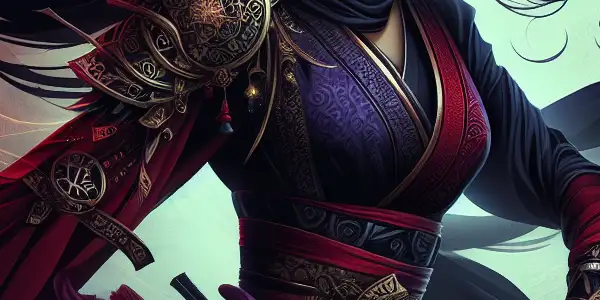 A seductive ninja girl in a mystical forest, surrounded by dark magic and glowing runes.<a href=