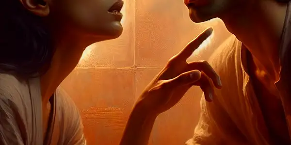 Two characters in an intimate setting express deep emotions through passionate gestures and body language.