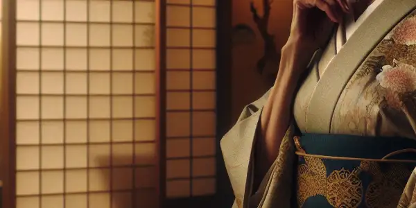 A sophisticated middle-aged woman in a traditional Japanese room, exuding charm and allure amidst serene decor.