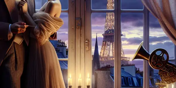 A romantic couple embraces in a Parisian apartment, illuminated by candlelight, with the Eiffel Tower visible at dusk.