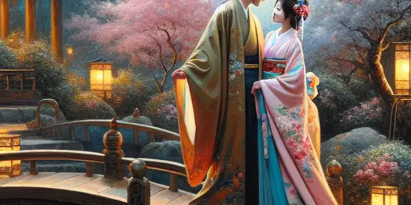 A romantic scene in a Japanese garden with two elegantly dressed characters sharing an intimate moment under cherry blossoms.