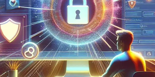 A young adult explores a futuristic web browser with privacy features, emphasizing safe online browsing in a cozy setting.