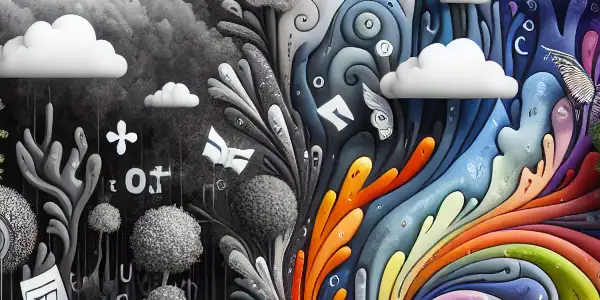 A vibrant landscape depicting the transformation of dull phrases into lively expressions through colorful imagery and swirling words.