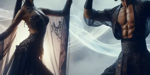 A powerful male and female martial artist duel in a mystical forest, surrounded by glowing Yin-Yang energies.