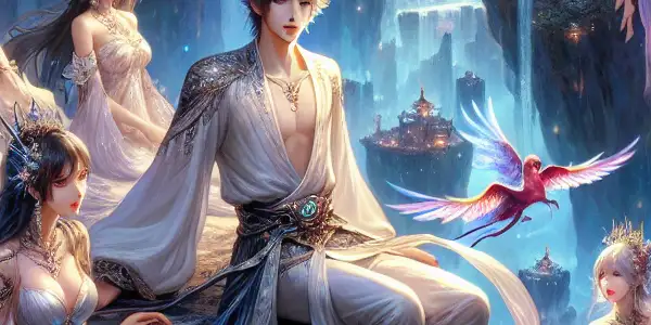 A mystical realm with a male protagonist and enchanting female characters in traditional attire, amidst floating islands and ancient temples.