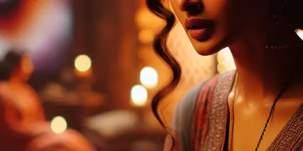 A softly lit intimate room featuring a female character whispering, evoking romance and emotional connection.