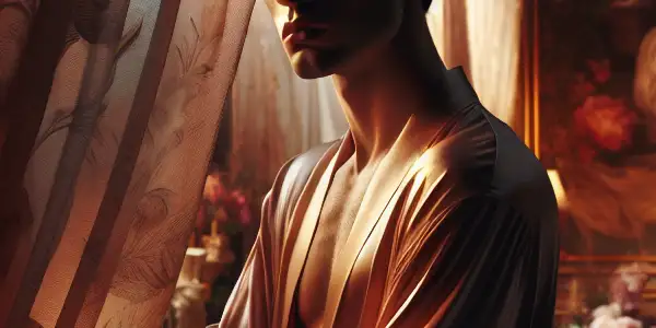 An elegant figure in flowing silk robes gazes longingly in a softly lit, intimate setting.