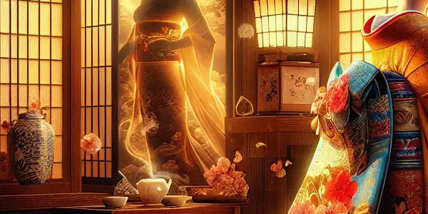 A beautiful courtesan in a traditional Japanese tea house, blending historical elegance with modern elements and soft lighting.