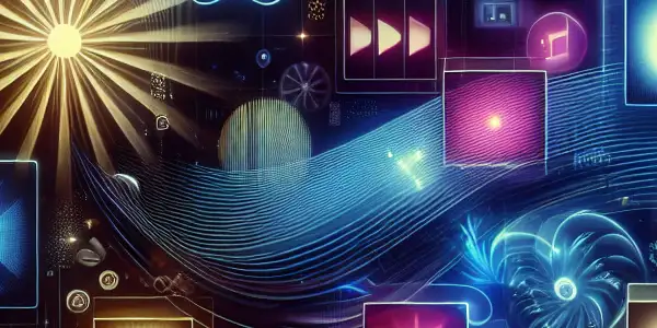 A vibrant digital interface showcasing adult entertainment categories with iconic film elements and symbols of privacy and security.