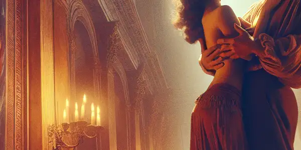 A passionate couple embraces in a romantic Italian film setting, surrounded by Baroque architecture and dramatic lighting.