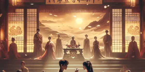 A vibrant Japanese film set with actors expressing passion and fantasy in an intimate, romantic atmosphere.