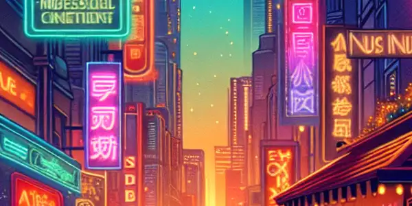 A neon-lit Tokyo cityscape featuring a couple sharing an intimate moment in a stylish bar.