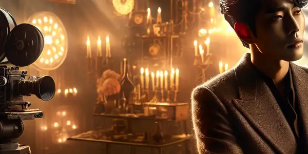 A mysterious film set featuring a contemplative Korean actor amidst vintage film elements and contemporary posters.