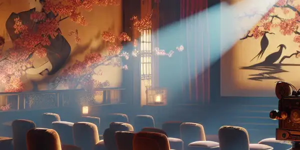 A cozy, dimly lit film room with a vintage projector, captivating silhouettes, and abstract sensual imagery.