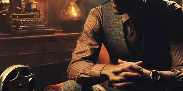 An intimate cinematic scene highlighting the beauty of the male form with soft lighting and vintage film elements.