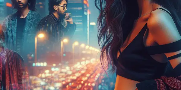 A young woman in a stylish outfit explores a vibrant Beijing cityscape at dusk, embodying determination and vulnerability.